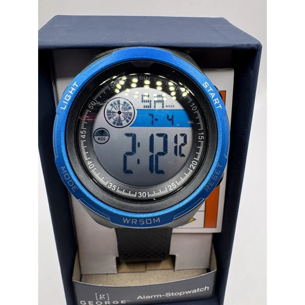 George Digital Sport Wristwatch Alarm Stopwatch Backlight Blue Bezel WR 50M New